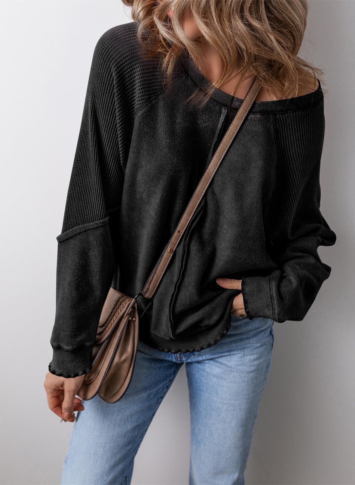 Women's Cotton Waffle Knit Casual Crew Neck Long Sleeve Back Seam Pullover Sweatshirt - Seldom Seen Styles
