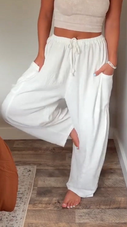 Freizeithose aus Baumwolle und Leinen mit doppelten Taschen für Damen