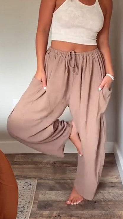 Freizeithose aus Baumwolle und Leinen mit doppelten Taschen für Damen