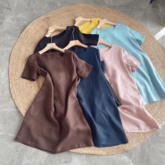 Women's Crew Neck Short Sleeve Loose Fit 100% Linen Mini Dress Summer Casual Beach Vacation - Seldom Seen Styles