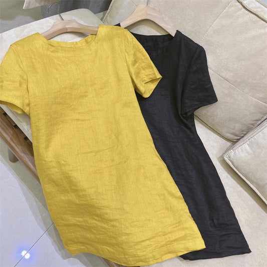Women's Crew Neck Short Sleeve Straight 100% Linen Mini Dress Casual Summer Beach Vacation - Seldom Seen Styles