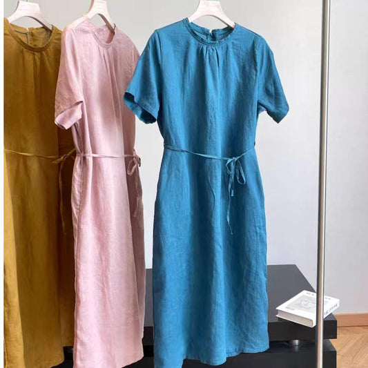 Women's Crew Neck Short Sleeve Tie Waist 100% Linen Midi Dress Casual Summer Beach Vacation - Seldom Seen Styles