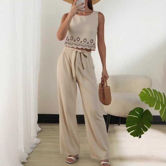 Women's Crew Neck Sleeveless Cutwork Crop Top - Wide Leg Pants Two Piece Set