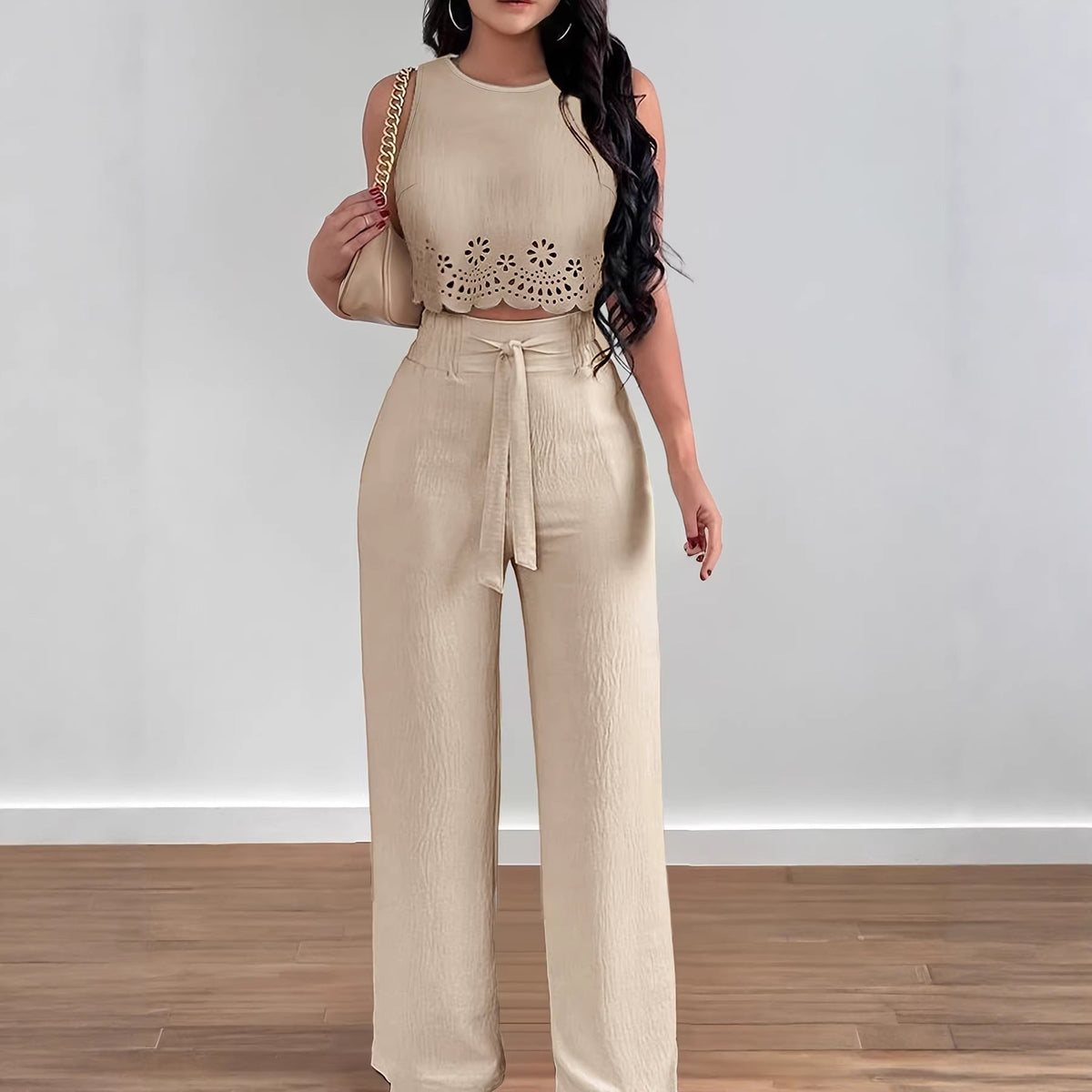 Women's Crew Neck Sleeveless Cutwork Crop Top - Wide Leg Pants Two Piece Set - Seldom Seen Styles