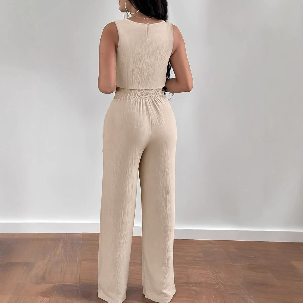 Women's Crew Neck Sleeveless Cutwork Crop Top - Wide Leg Pants Two Piece Set - Seldom Seen Styles