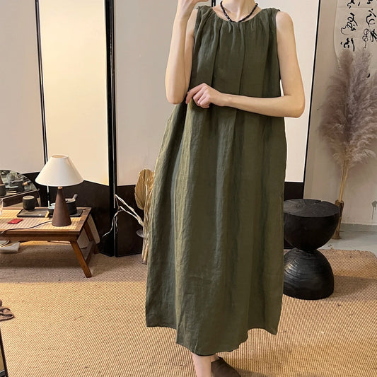 Women's Crew Neck Sleeveless Pleated 100% Linen Maxi Dress Loose Fit Casual Summer Beach Vacation - Seldom Seen Styles