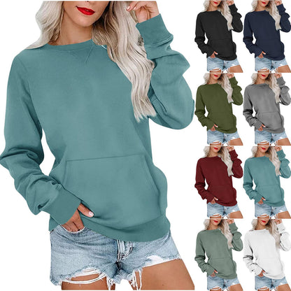 Sweat-shirt ras du cou sans capuche pour femme avec poche kangourou, en molleton, manches longues, coupe décontractée, léger, pull
