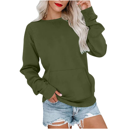 Sweat-shirt ras du cou sans capuche pour femme avec poche kangourou, en molleton, manches longues, coupe décontractée, léger, pull