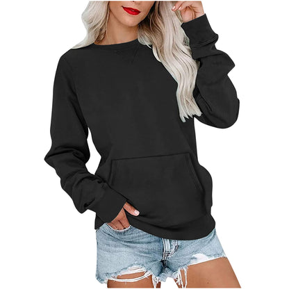 Sweat-shirt ras du cou sans capuche pour femme avec poche kangourou, en molleton, manches longues, coupe décontractée, léger, pull