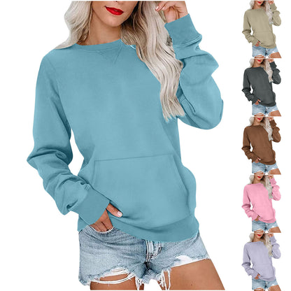 Sweat-shirt ras du cou sans capuche pour femme avec poche kangourou, en molleton, manches longues, coupe décontractée, léger, pull