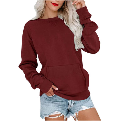 Sweat-shirt ras du cou sans capuche pour femme avec poche kangourou, en molleton, manches longues, coupe décontractée, léger, pull