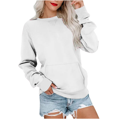 Sweat-shirt ras du cou sans capuche pour femme avec poche kangourou, en molleton, manches longues, coupe décontractée, léger, pull