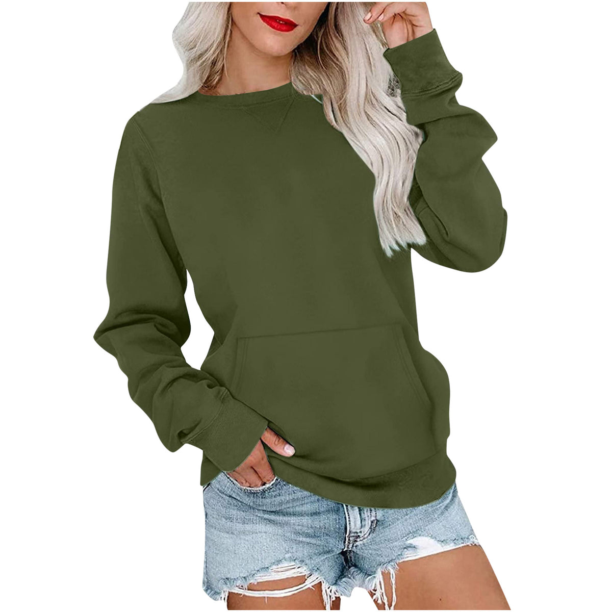 Women's Crewneck Hoodless Sweatshirt With Kangaroo Pocket Fleece Longsleeve Oversized Casual Style Shirt Lightweight Pullover - Seldom Seen Styles
