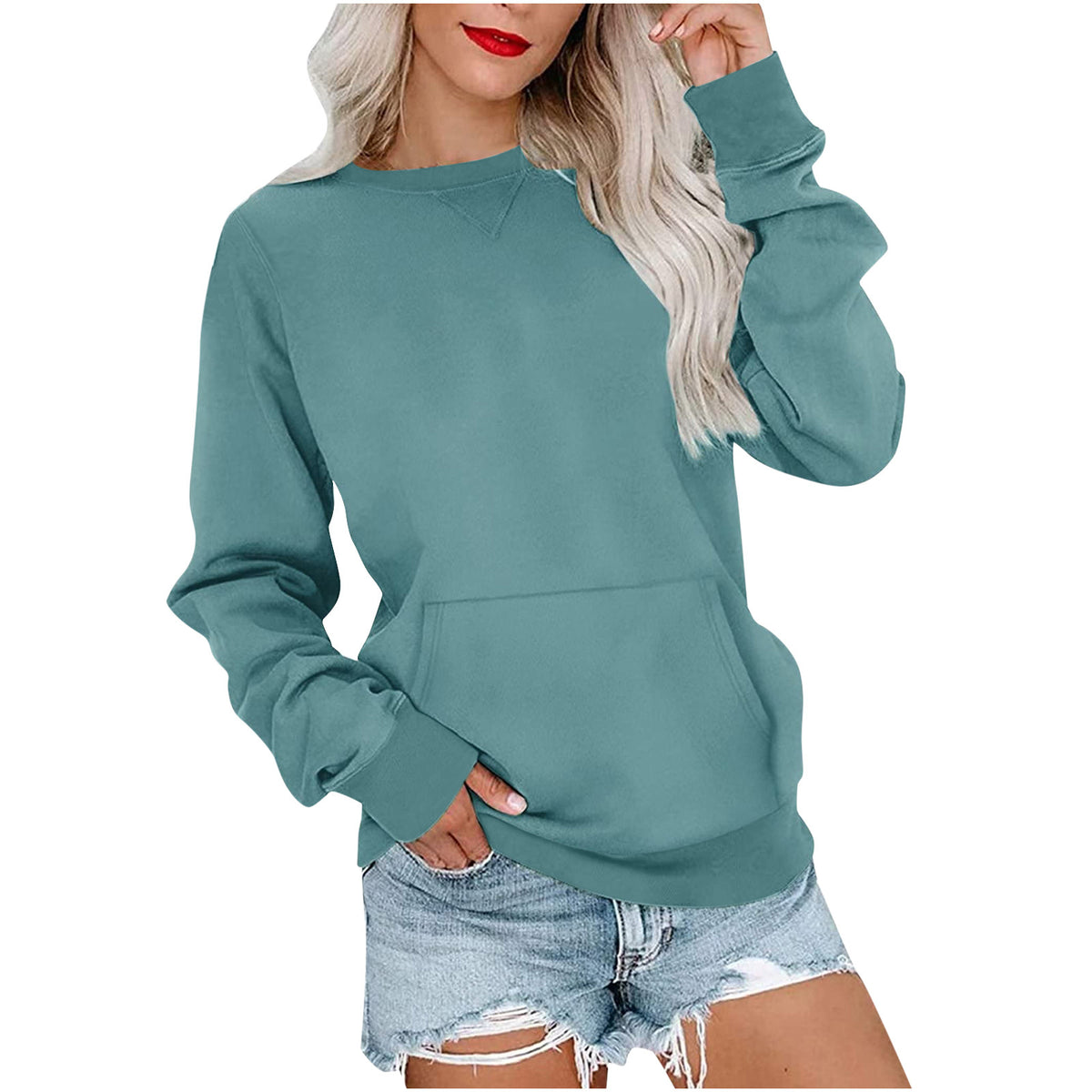 Women's Crewneck Hoodless Sweatshirt With Kangaroo Pocket Fleece Longsleeve Oversized Casual Style Shirt Lightweight Pullover - Seldom Seen Styles