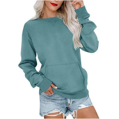 Sweat-shirt ras du cou sans capuche pour femme avec poche kangourou, en molleton, manches longues, coupe décontractée, léger, pull