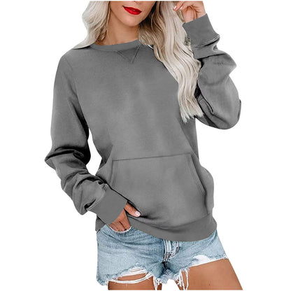 Sweat-shirt ras du cou sans capuche pour femme avec poche kangourou, en molleton, manches longues, coupe décontractée, léger, pull