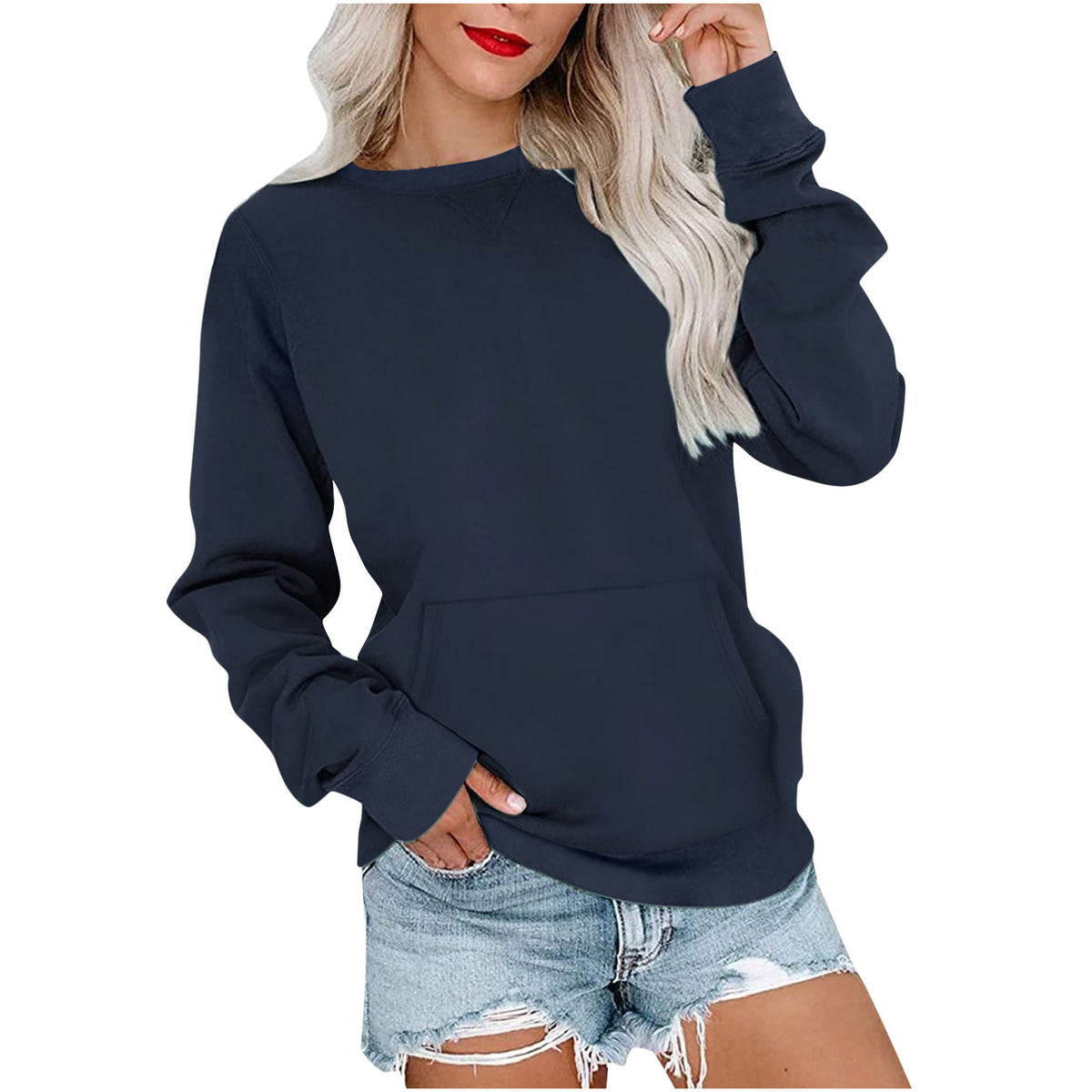 Women's Crewneck Hoodless Sweatshirt With Kangaroo Pocket Fleece Longsleeve Oversized Casual Style Shirt Lightweight Pullover - Seldom Seen Styles