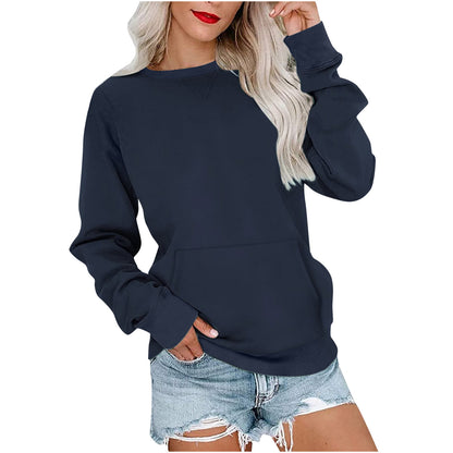 Sweat-shirt ras du cou sans capuche pour femme avec poche kangourou, en molleton, manches longues, coupe décontractée, léger, pull