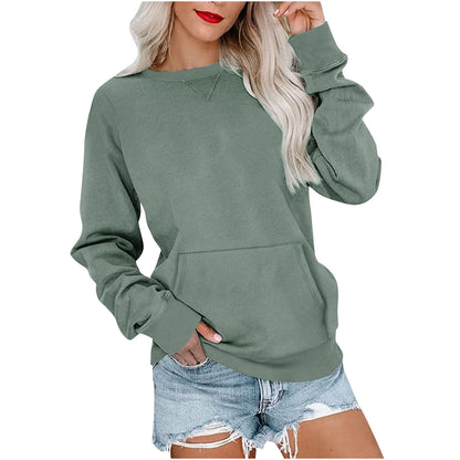 Sweat-shirt ras du cou sans capuche pour femme avec poche kangourou, en molleton, manches longues, coupe décontractée, léger, pull