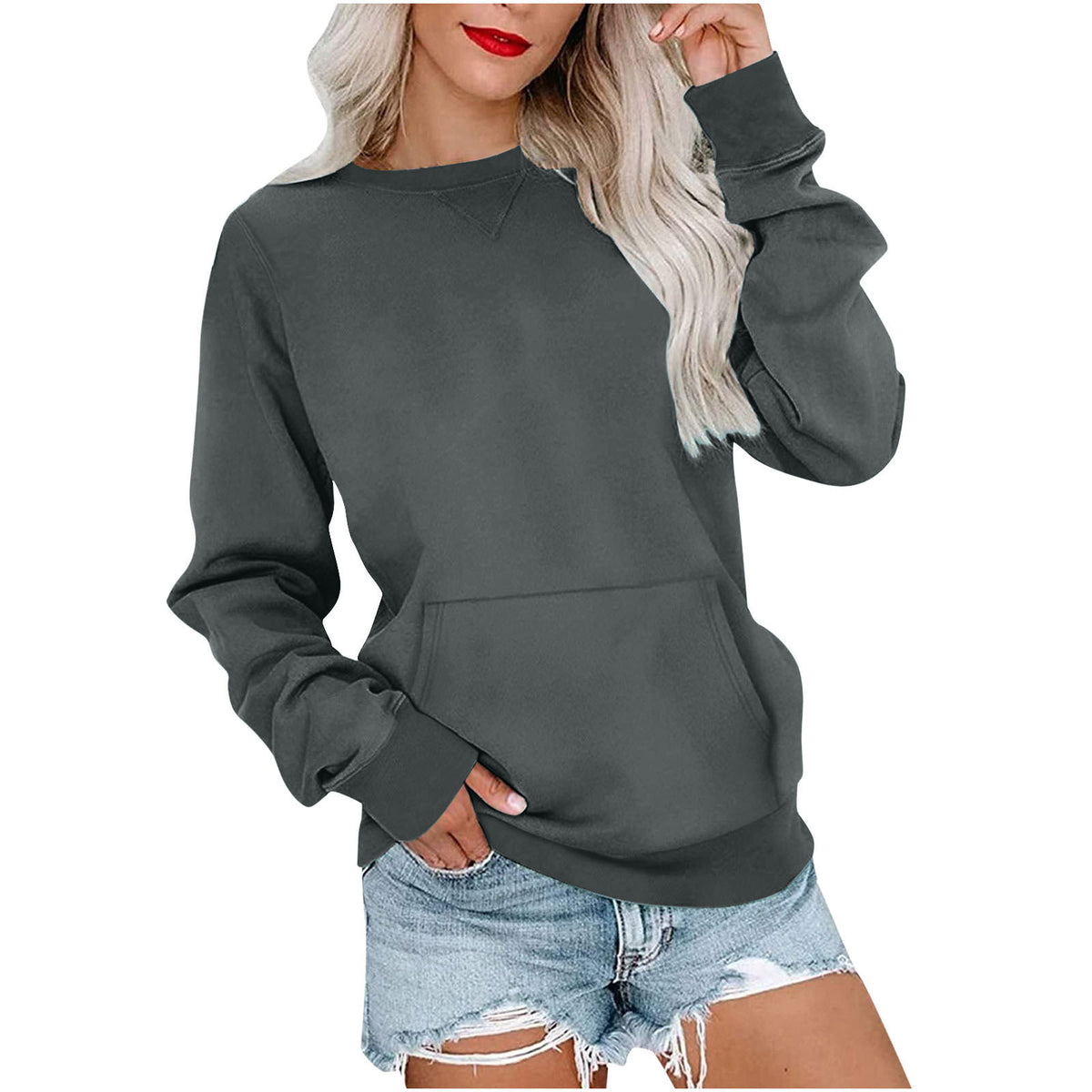 Women's Crewneck Hoodless Sweatshirt With Kangaroo Pocket Fleece Longsleeve Oversized Casual Style Shirt Lightweight Pullover - Seldom Seen Styles