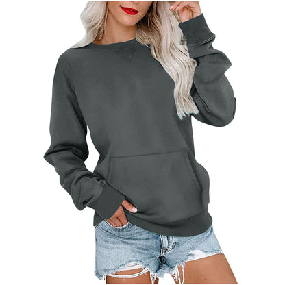 Sweat-shirt ras du cou sans capuche pour femme avec poche kangourou, en molleton, manches longues, coupe décontractée, léger, pull