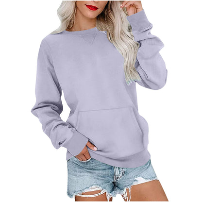 Sweat-shirt ras du cou sans capuche pour femme avec poche kangourou, en molleton, manches longues, coupe décontractée, léger, pull