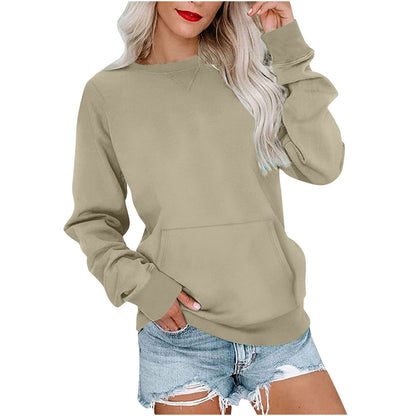 Sweat-shirt ras du cou sans capuche pour femme avec poche kangourou, en molleton, manches longues, coupe décontractée, léger, pull