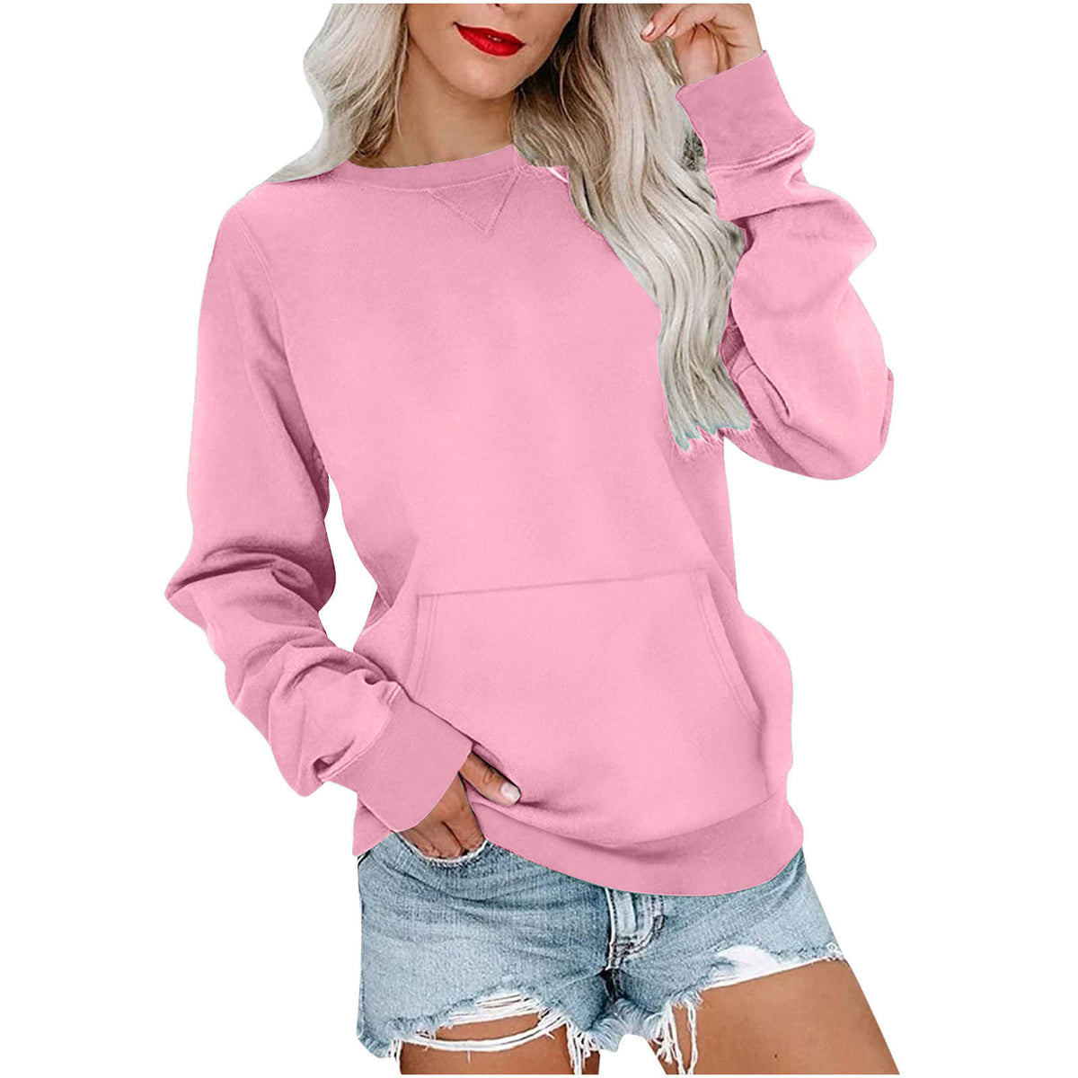 Women's Crewneck Hoodless Sweatshirt With Kangaroo Pocket Fleece Longsleeve Oversized Casual Style Shirt Lightweight Pullover - Seldom Seen Styles