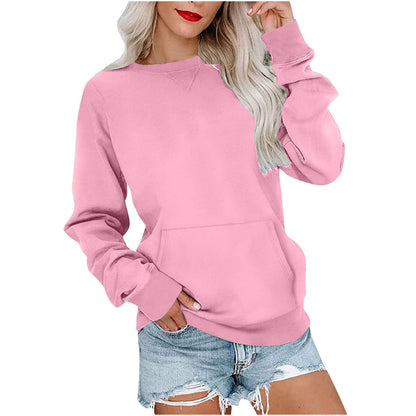 Sweat-shirt ras du cou sans capuche pour femme avec poche kangourou, en molleton, manches longues, coupe décontractée, léger, pull