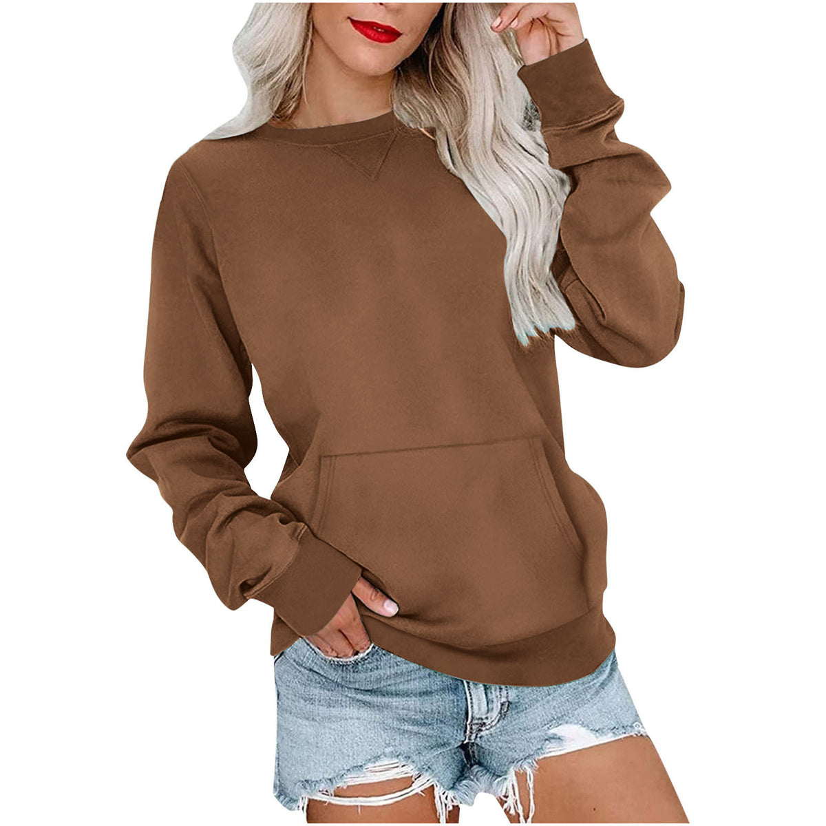 Women's Crewneck Hoodless Sweatshirt With Kangaroo Pocket Fleece Longsleeve Oversized Casual Style Shirt Lightweight Pullover - Seldom Seen Styles