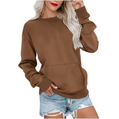 Sweat-shirt ras du cou sans capuche pour femme avec poche kangourou, en molleton, manches longues, coupe décontractée, léger, pull