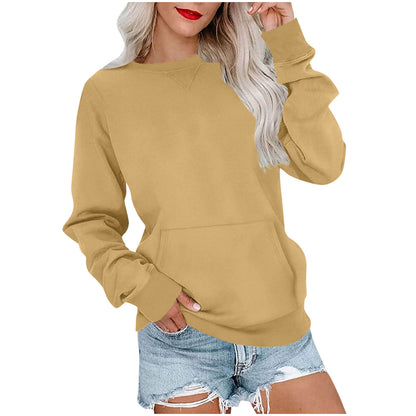Sweat-shirt ras du cou sans capuche pour femme avec poche kangourou, en molleton, manches longues, coupe décontractée, léger, pull
