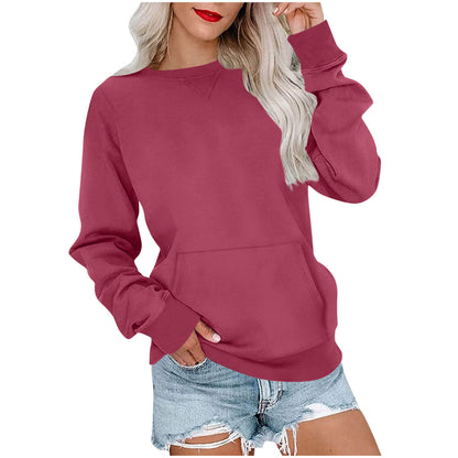 Sweat-shirt ras du cou sans capuche pour femme avec poche kangourou, en molleton, manches longues, coupe décontractée, léger, pull