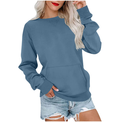 Sweat-shirt ras du cou sans capuche pour femme avec poche kangourou, en molleton, manches longues, coupe décontractée, léger, pull