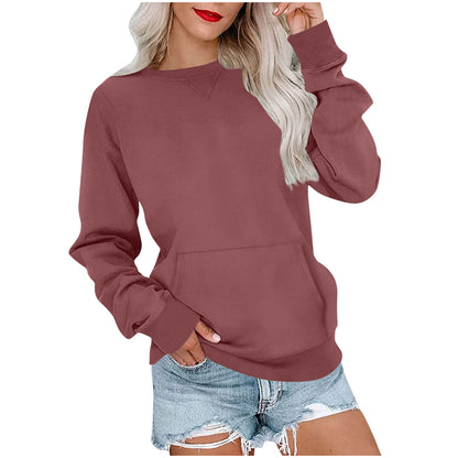 Sweat-shirt ras du cou sans capuche pour femme avec poche kangourou, en molleton, manches longues, coupe décontractée, léger, pull