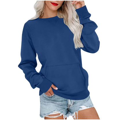 Sweat-shirt ras du cou sans capuche pour femme avec poche kangourou, en molleton, manches longues, coupe décontractée, léger, pull