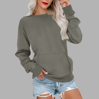 Sweat-shirt ras du cou sans capuche pour femme avec poche kangourou, en molleton, manches longues, coupe décontractée, léger, pull