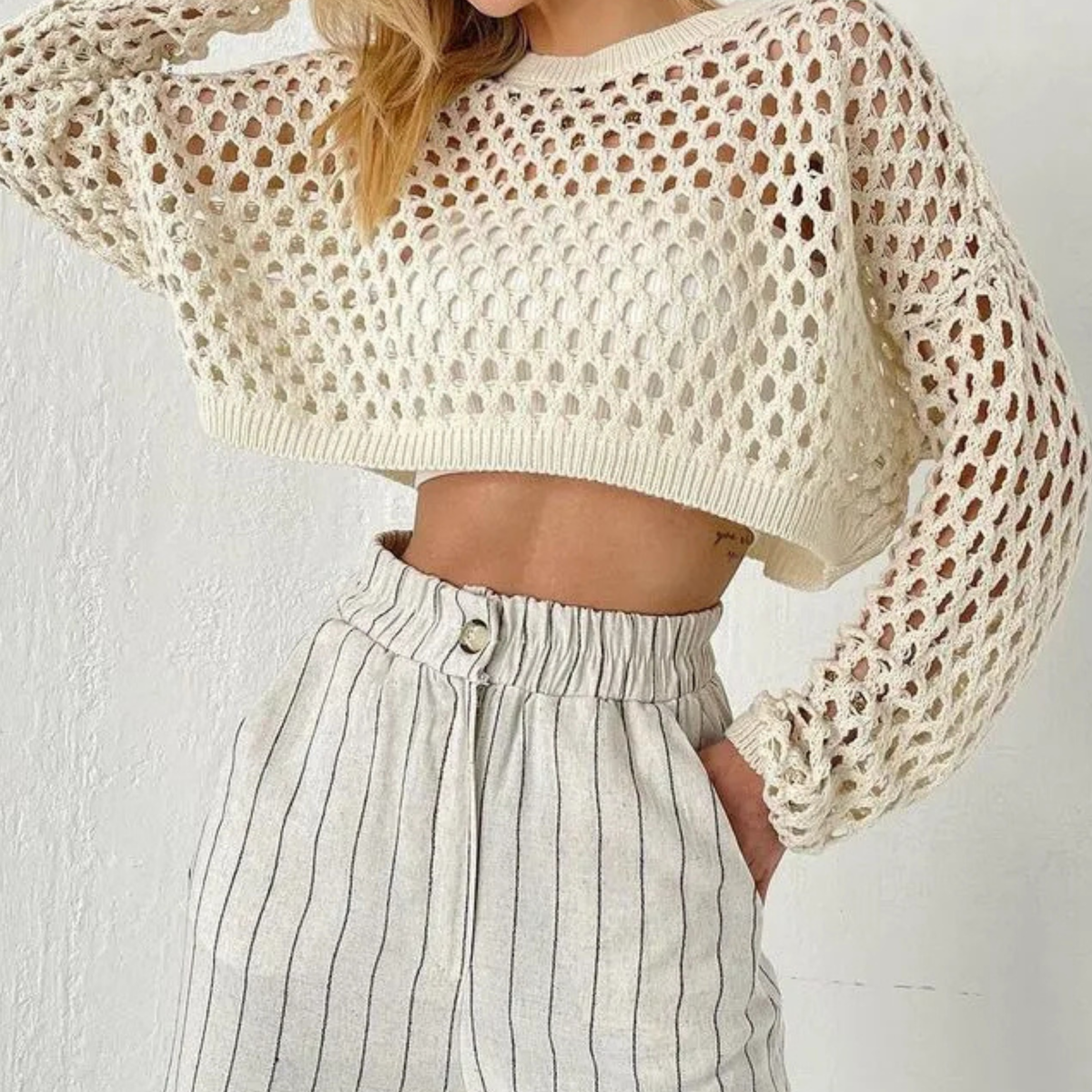 Women's Crochet Crop Top - Crew Neck Long Sleeve Open Knit Sheer Cropped Jumper with Ribbed Hem - Seldom Seen Styles
