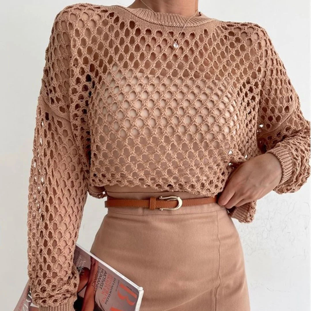 Women's Crochet Crop Top - Crew Neck Long Sleeve Open Knit Sheer Cropped Jumper with Ribbed Hem - Seldom Seen Styles