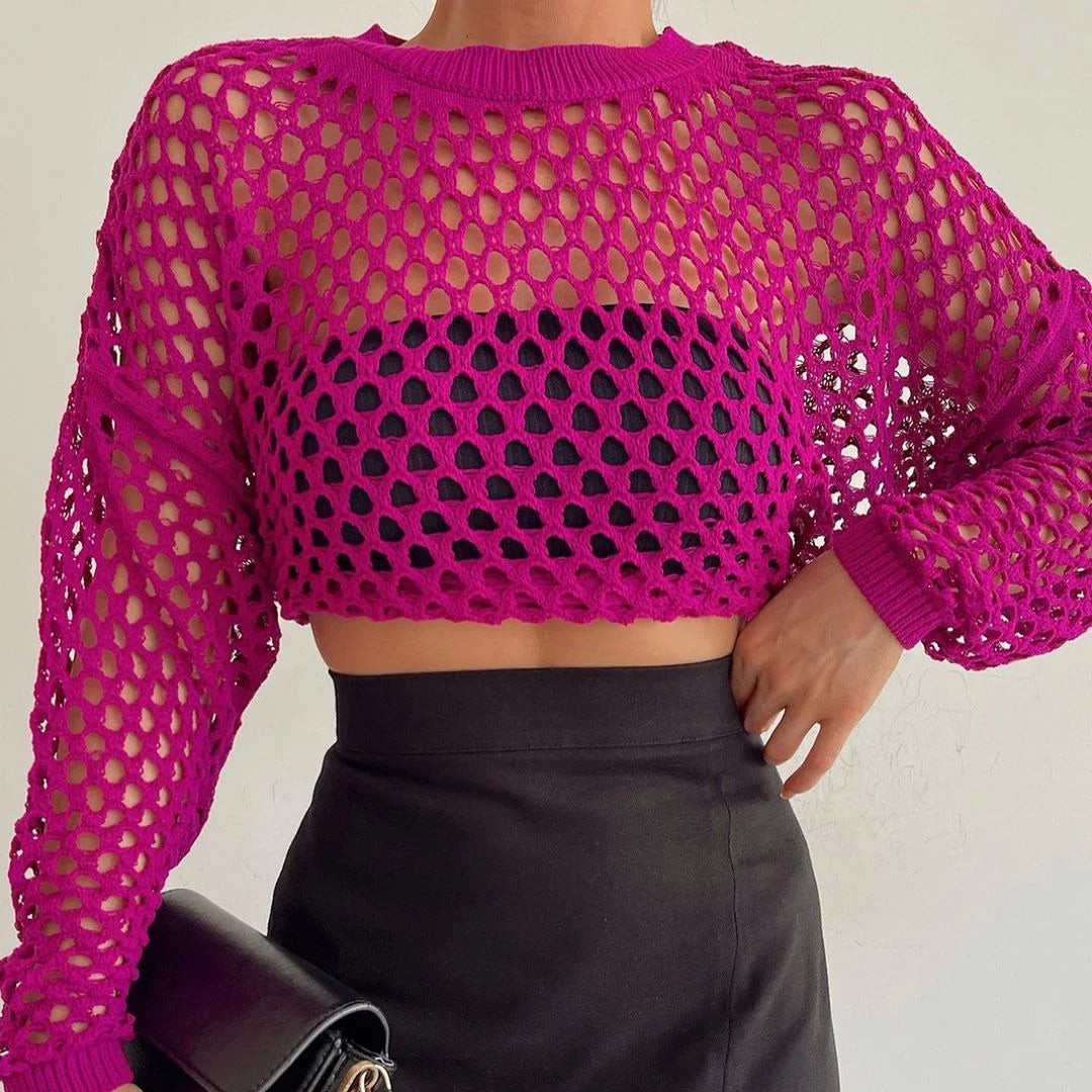 Women's Crochet Crop Top - Crew Neck Long Sleeve Open Knit Sheer Cropped Jumper with Ribbed Hem - Seldom Seen Styles