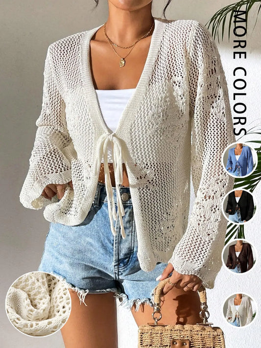 Women's Crochet Knit Cardigan Tie Front Open Knit Long Sleeve Casual Summer Top - Seldom Seen Styles