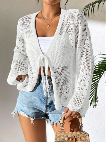 Women's Crochet Knit Cardigan Tie Front Open Knit Long Sleeve Casual Summer Top