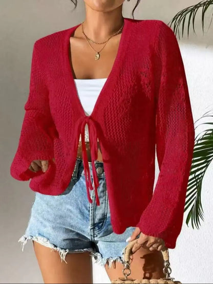 Women's Crochet Knit Cardigan Tie Front Open Knit Long Sleeve Casual Summer Top