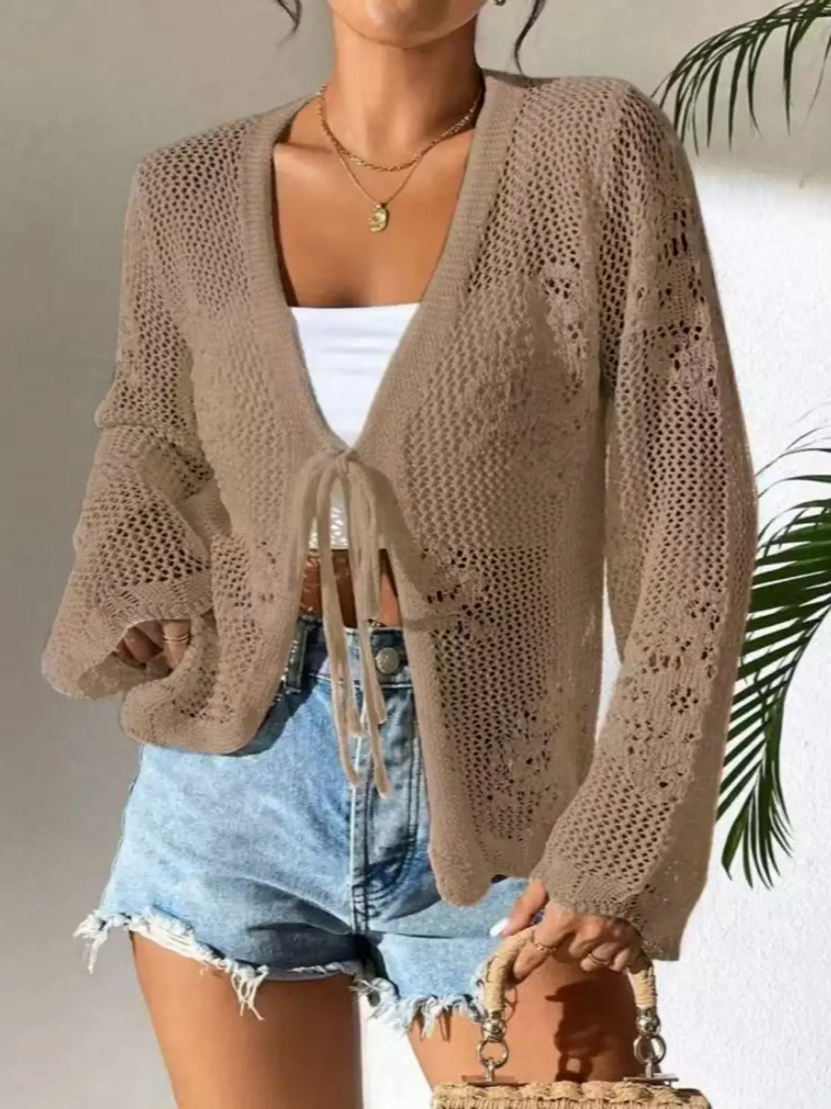 Women's Crochet Knit Cardigan Tie Front Open Knit Long Sleeve Casual Summer Top - Seldom Seen Styles
