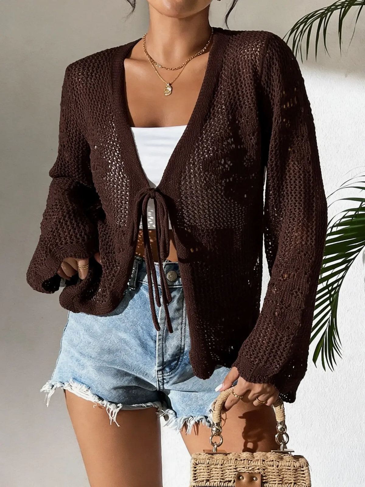 Women's Crochet Knit Cardigan Tie Front Open Knit Long Sleeve Casual Summer Top - Seldom Seen Styles