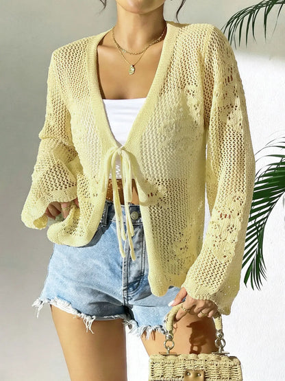 Women's Crochet Knit Cardigan Tie Front Open Knit Long Sleeve Casual Summer Top