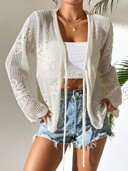 Women's Crochet Knit Cardigan Tie Front Open Knit Long Sleeve Casual Summer Top