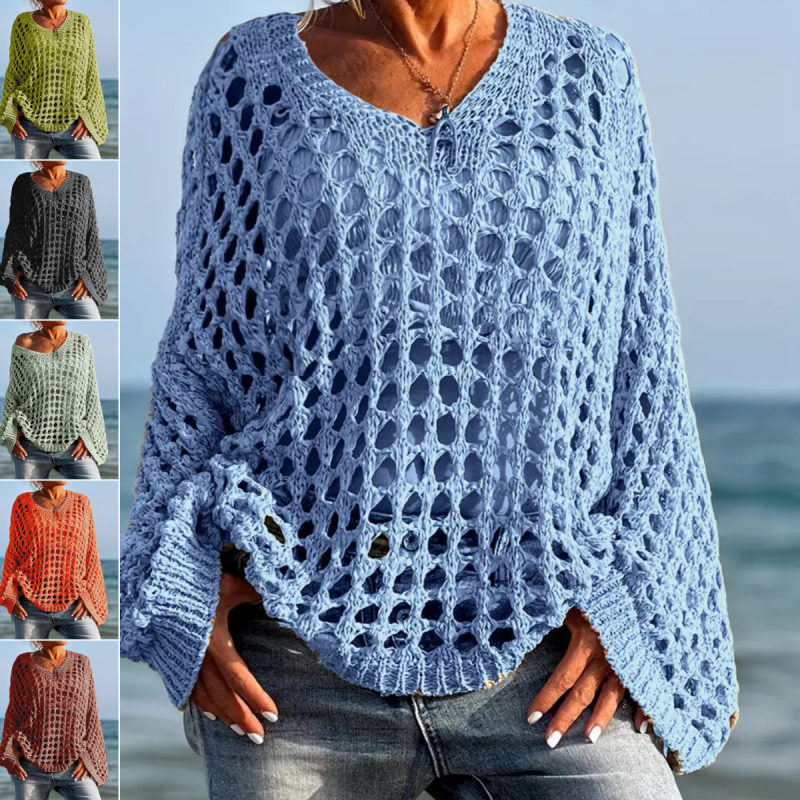 Women's Crochet Knit Sweater V Neck Open Knit Loose Fit Beach Cover Up Top - Seldom Seen Styles