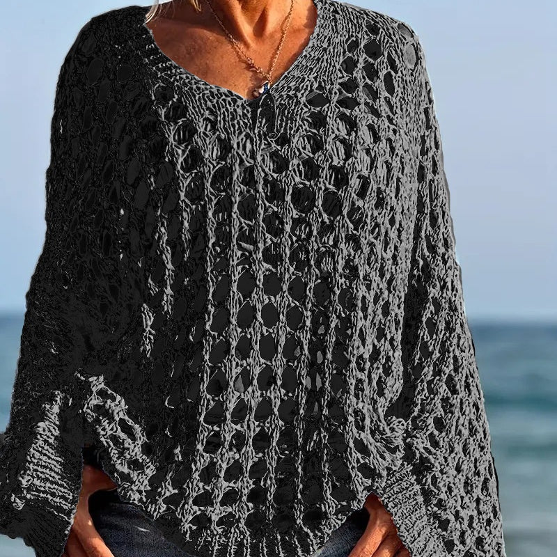 Women's Crochet Knit Sweater V Neck Open Knit Loose Fit Beach Cover Up Top - Seldom Seen Styles
