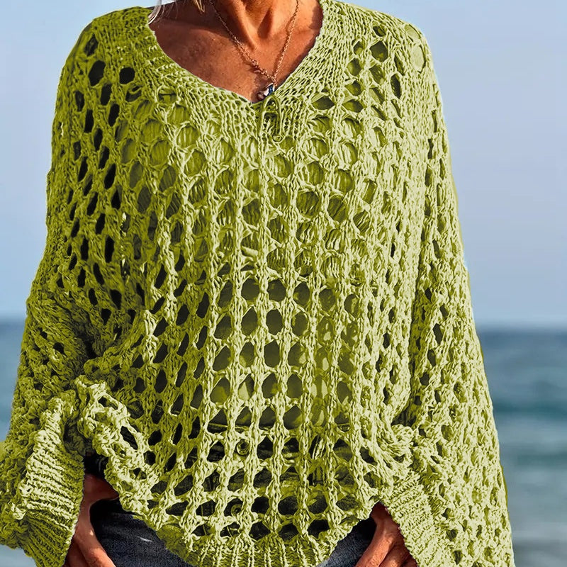 Women's Crochet Knit Sweater V Neck Open Knit Loose Fit Beach Cover Up Top - Seldom Seen Styles